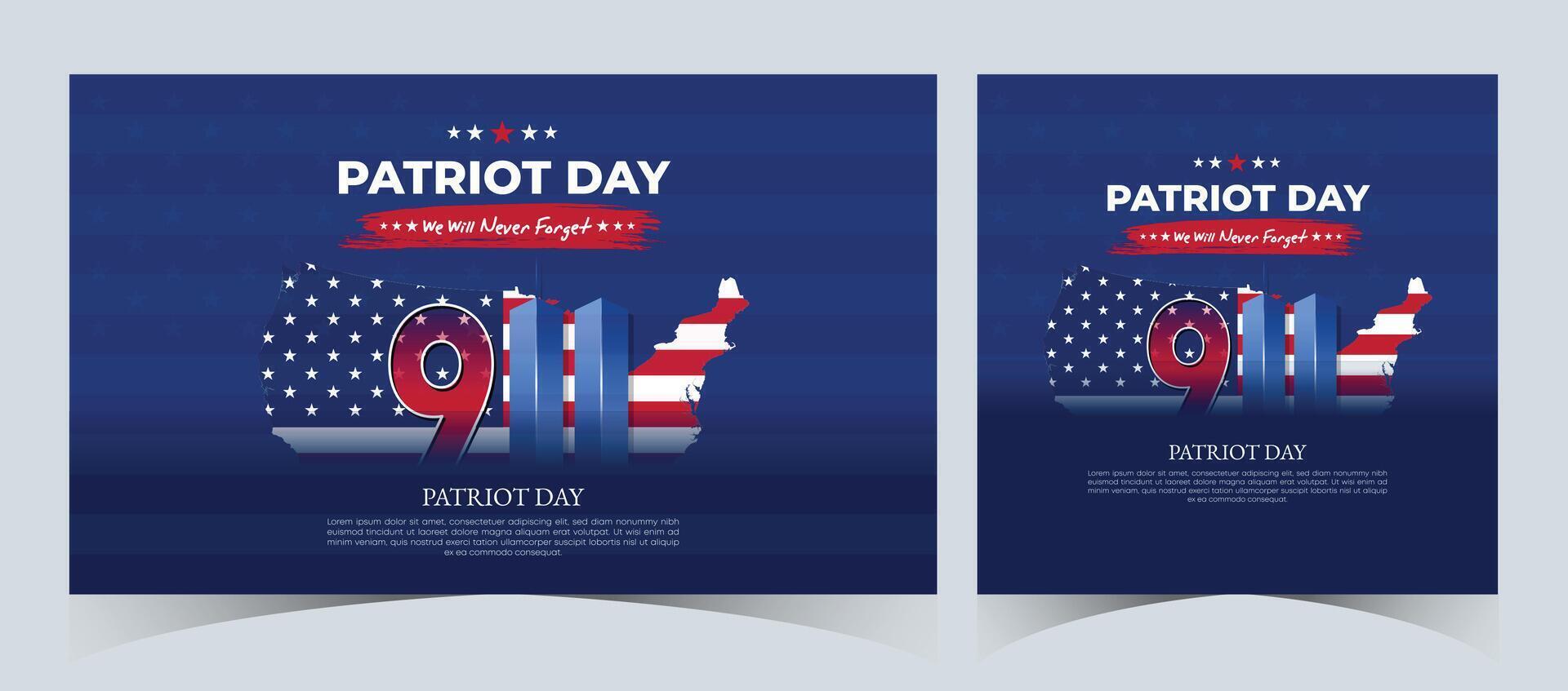 Set of Remembering September 9 11. Patriot Day. September 11. Never Forget USA 9 11. Twin Towers On American Flag. World Trade Center Nine Eleven. Vector Design Template in Red, White, And Blue Colour