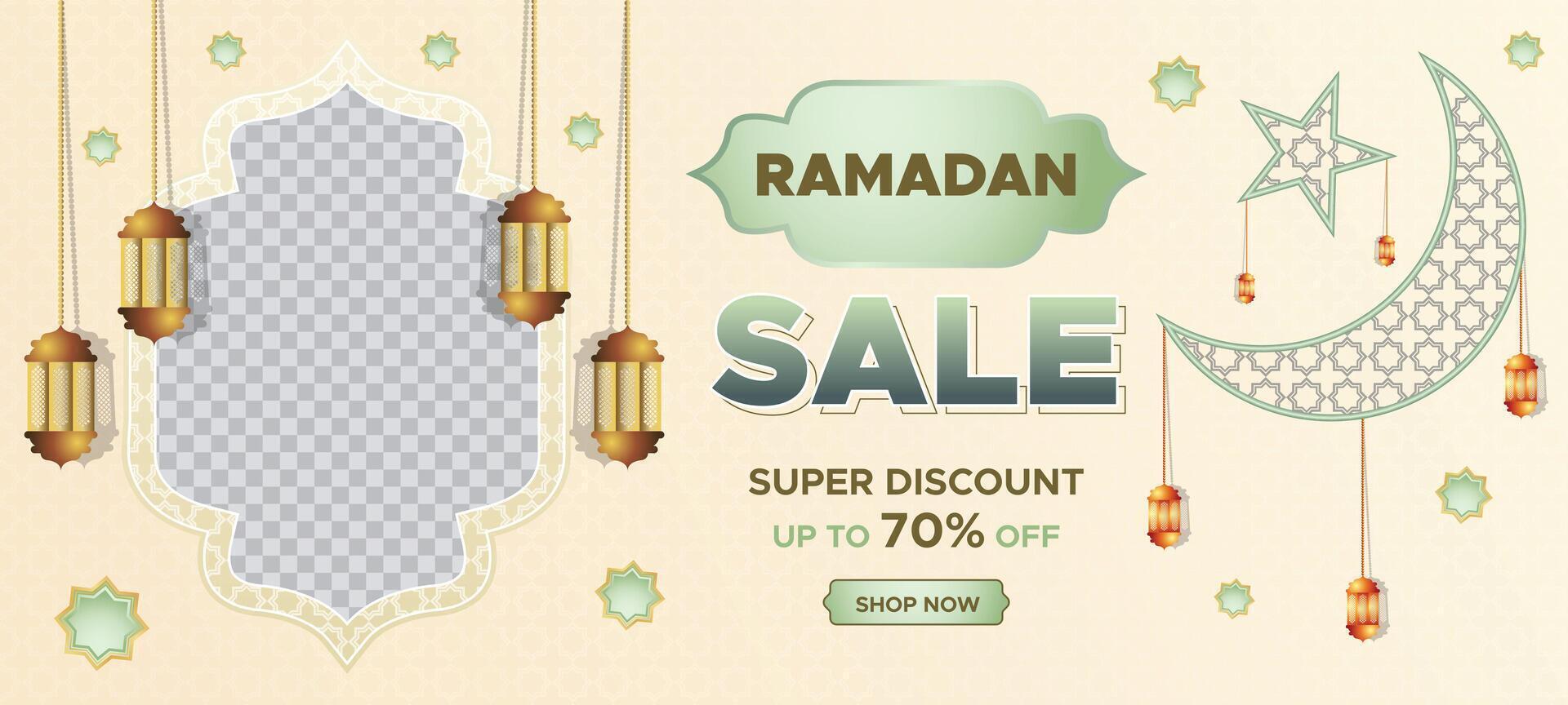 Ramadan Kareem Super Sale Web Banner Background with Blank Space for The Photo. Ramadan Big Sale Promotion Poster and Social Media Post. Elegant Islamic Special Promotion Banner Design Template vector