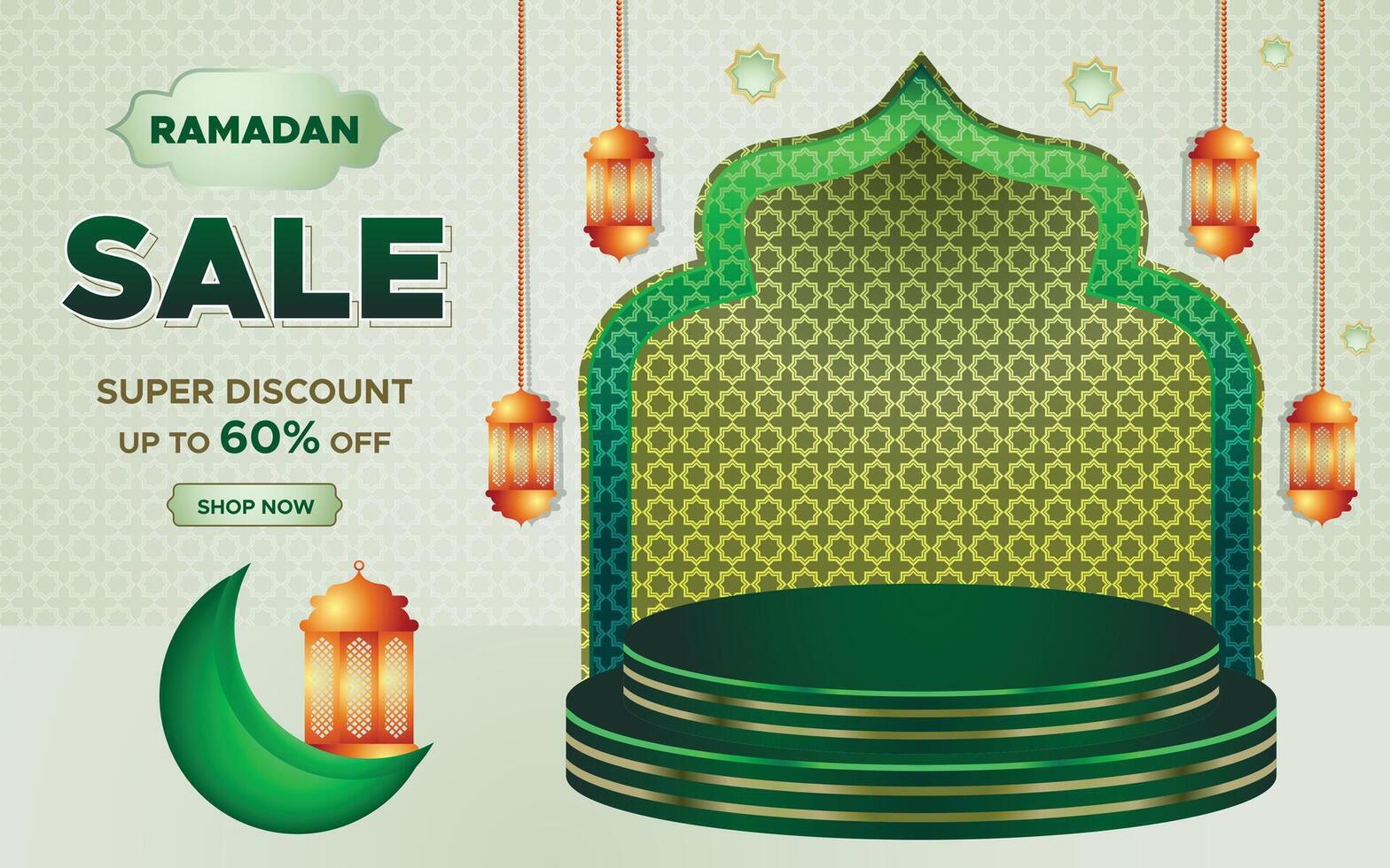 Ramadan Kareem Super Sale Web Banner Background with Podium for Display of product. Ramadan Big Sale Promotion Poster and Social Media Post. Islamic Special Offer Promotion Banner Design Template vector