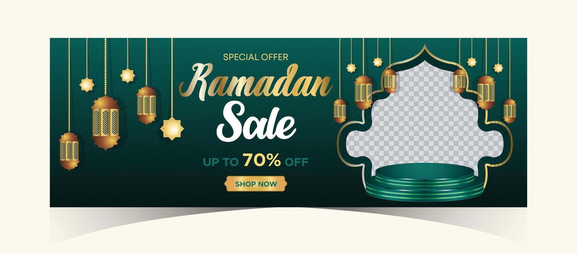 Ramadán kareem web antecedentes súper rebaja bandera con podio para monitor de producto. Ramadán mega grande rebaja promoción póster y social medios de comunicación correo. islámico especial oferta promoción bandera diseño modelo vector