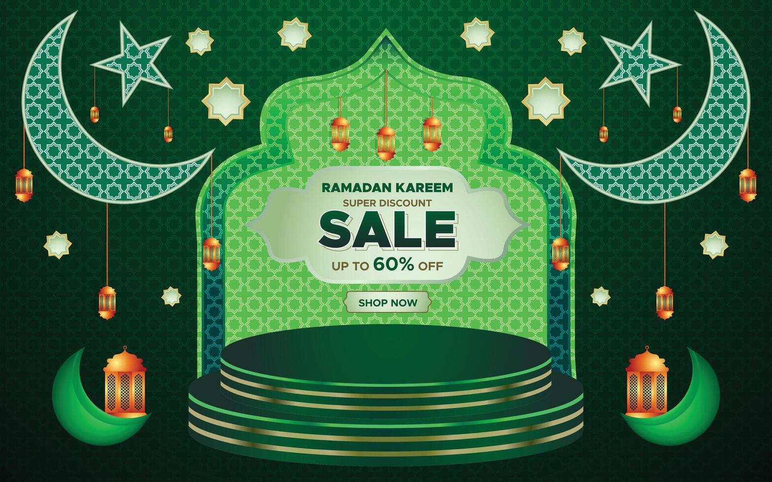 Ramadan Kareem Super Sale Web Banner Background with Podium for Display of product. Ramadan Big Sale Promotion Poster and Social Media Post. Islamic Special Offer Promotion Banner Design Template vector