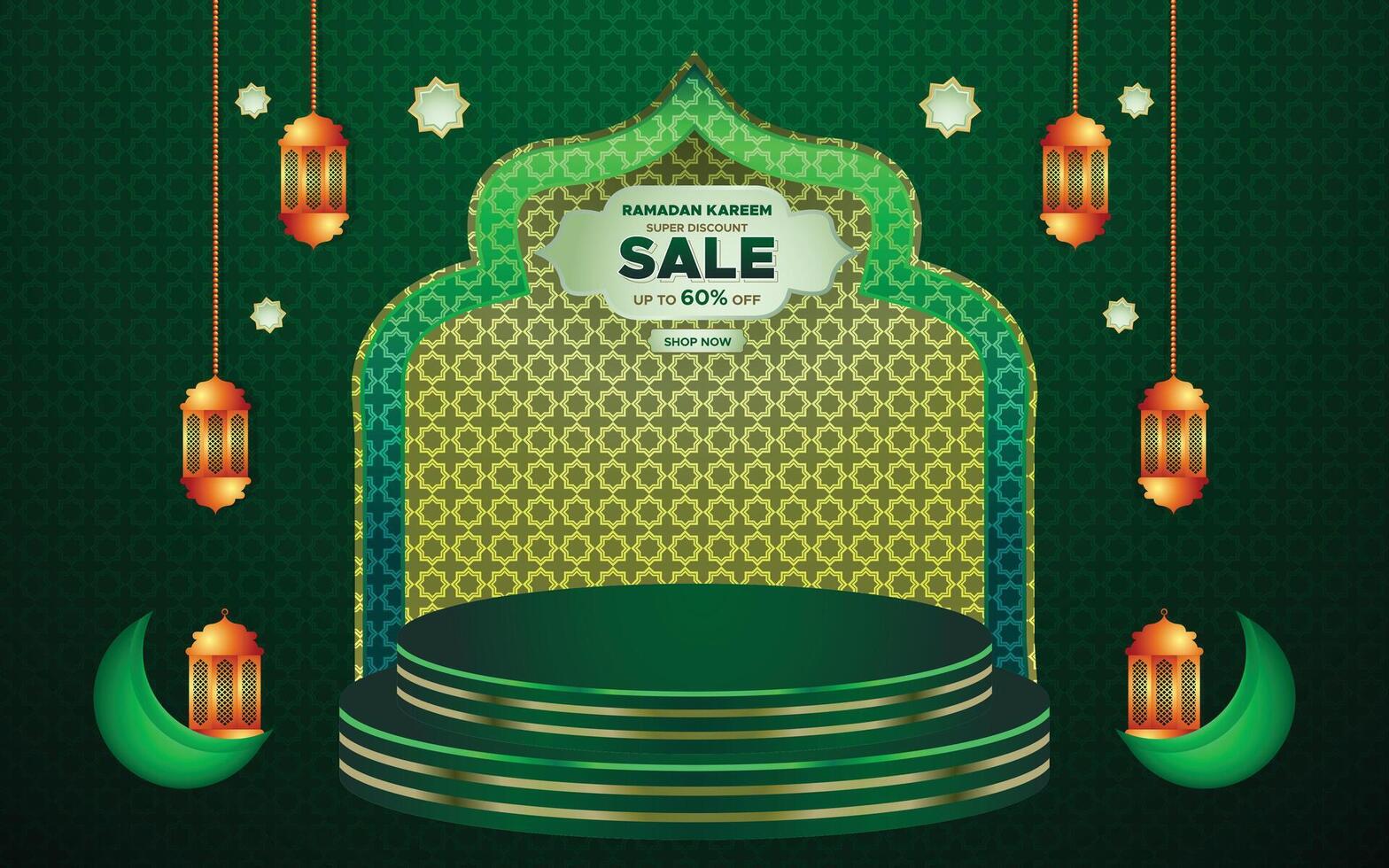 Ramadan Kareem Super Sale Web Banner Background with Podium for Display of product. Ramadan Big Sale Promotion Poster and Social Media Post. Islamic Special Offer Promotion Banner Design Template vector