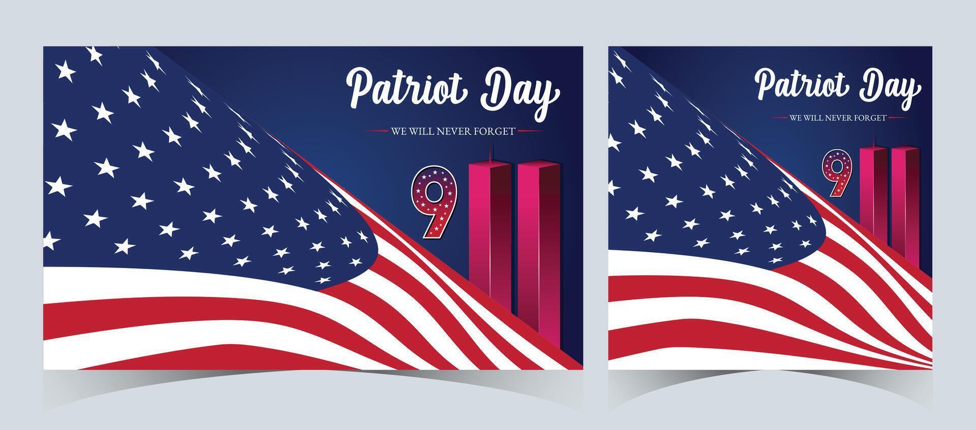 Set of Remembering September 9 11. Patriot Day. September 11. Never Forget USA 9 11. Twin Towers On American Flag. World Trade Center Nine Eleven. Vector Design Template in Red, White, And Blue Colour