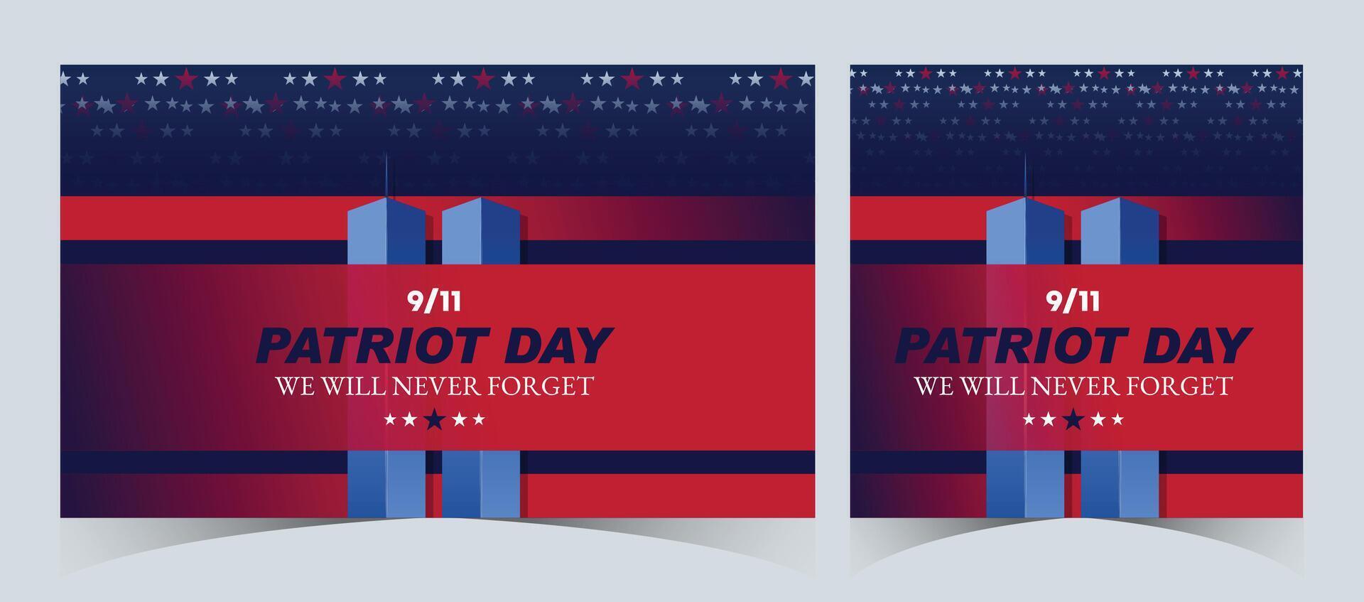 Set of Remembering September 9 11. Patriot Day. September 11. Never Forget USA 9 11. Twin Towers On American Flag. World Trade Center Nine Eleven. Vector Design Template in Red, White, And Blue Colour