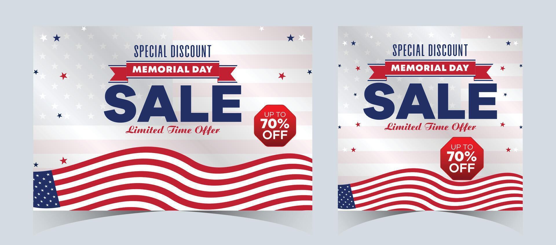 Set of memorial day sale web banner. Happy memorial day holiday sale post. Memorial day weekend sale banner. Memorial Day social media promotion template design in USA national flag colors vector