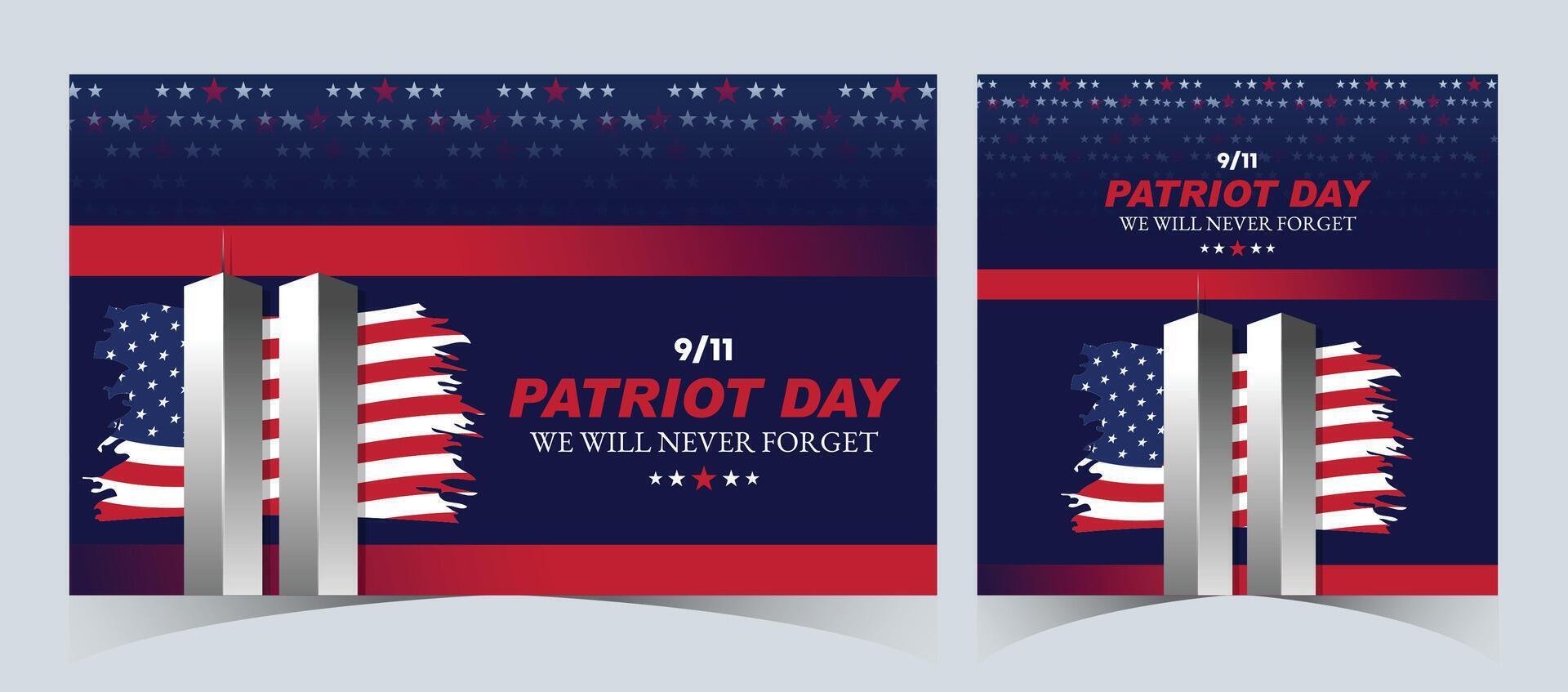 Set of Remembering September 9 11. Patriot Day. September 11. Never Forget USA 9 11. Twin Towers On American Flag. World Trade Center Nine Eleven. Vector Design Template in Red, White, And Blue Colour