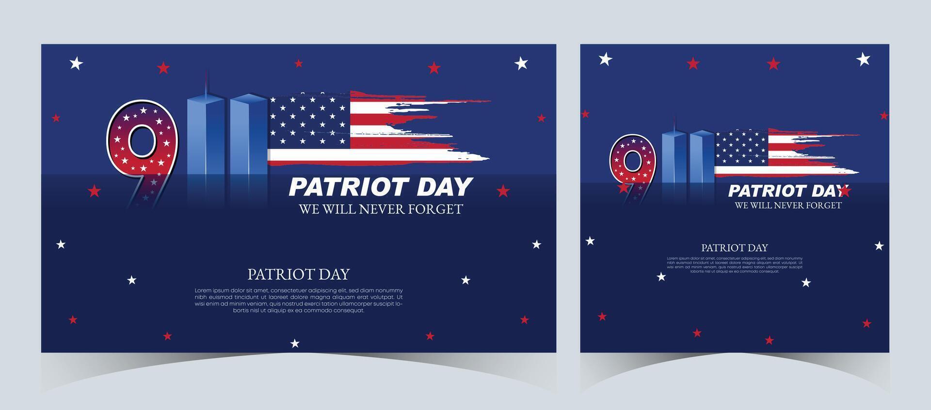 Set of Remembering September 9 11. Patriot Day. September 11. Never Forget USA 9 11. Twin Towers On American Flag. World Trade Center Nine Eleven. Vector Design Template in Red, White, And Blue Colour