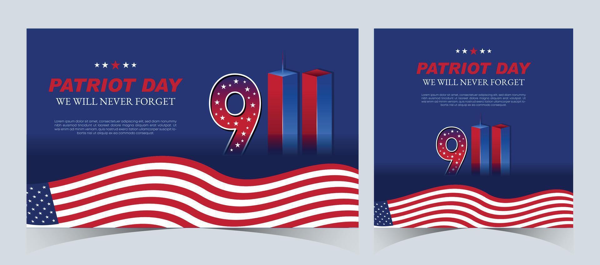 Set of Remembering September 9 11. Patriot Day. September 11. Never Forget USA 9 11. Twin Towers On American Flag. World Trade Center Nine Eleven. Vector Design Template in Red, White, And Blue Colour