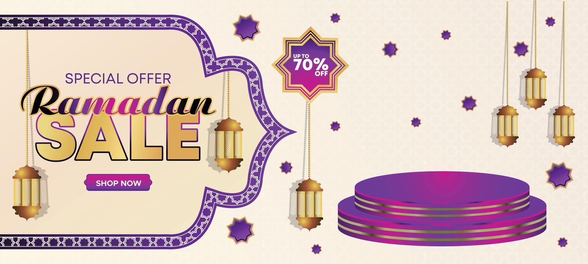 Ramadan Kareem Super Sale Web Banner Background with Podium for Display of product. Ramadan Big Sale Promotion Poster and Social Media Post. Islamic Special Offer Promotion Banner Design Template vector