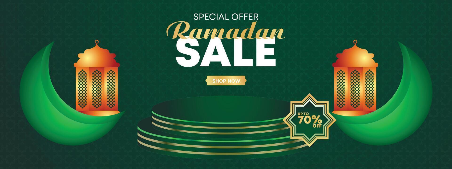 Ramadán kareem súper rebaja web bandera antecedentes con podio para monitor de producto. Ramadán grande rebaja promoción póster y social medios de comunicación correo. islámico especial oferta promoción bandera diseño modelo vector