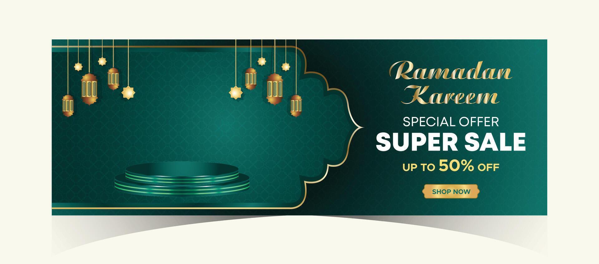 Ramadan Kareem Web Background Super Sale Banner with Podium for Display of product. Ramadan Mega Big Sale Promotion Poster and Social Media Post. Islamic Special Offer Promotion Banner Design Template vector