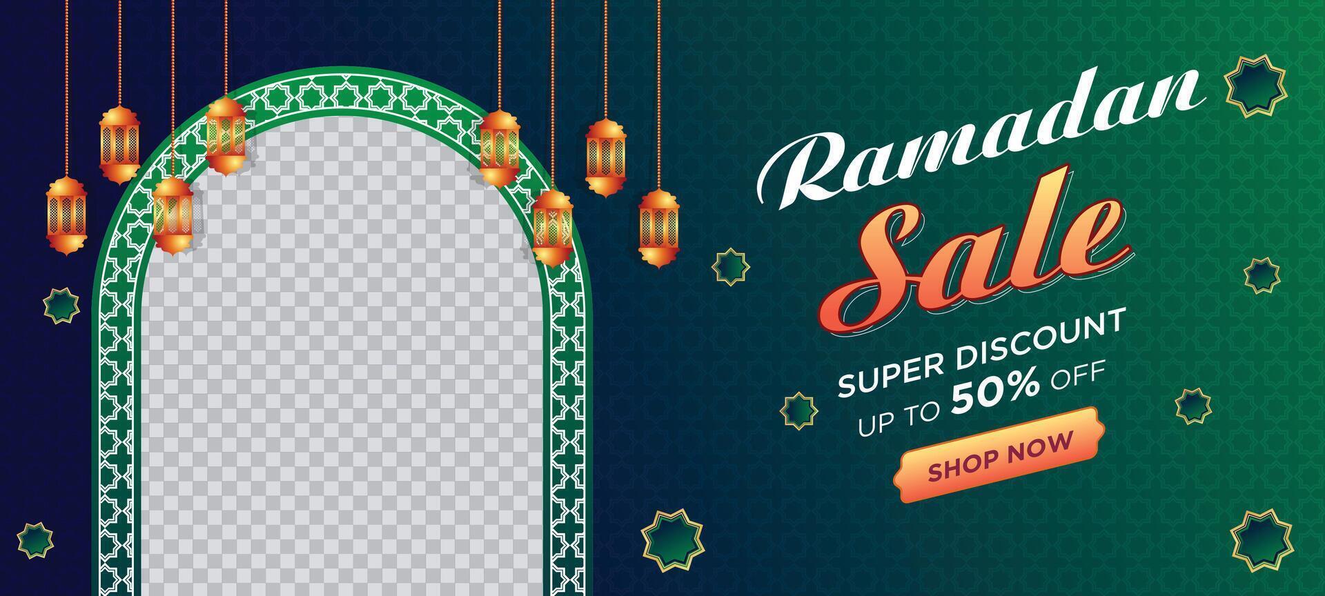 Ramadan Kareem Super Sale Web Banner Background with Blank Space for The Photo. Ramadan Big Sale Promotion Poster and Social Media Post. Elegant Islamic Special Promotion Banner Design Template vector