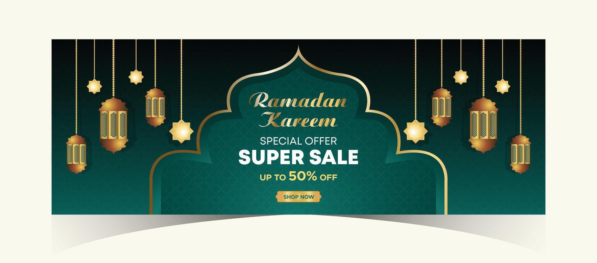 Ramadan Kareem Web Background Super Sale Banner with Podium for Display of product. Ramadan Mega Big Sale Promotion Poster and Social Media Post. Islamic Special Offer Promotion Banner Design Template vector