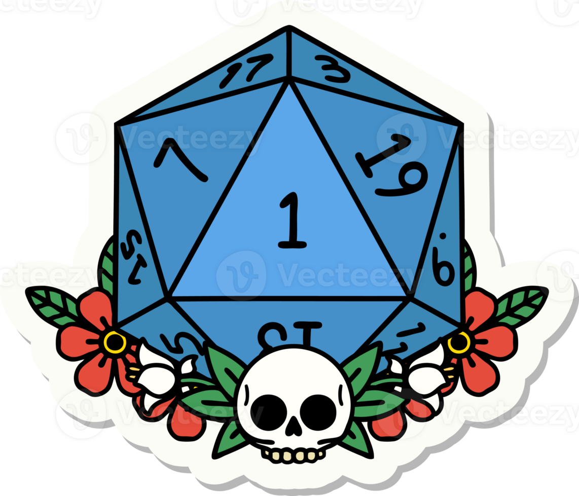 sticker of a natural one dice roll with floral elements png