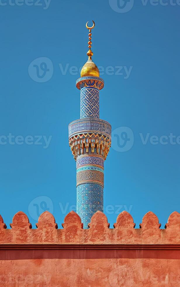 AI generated The elaborate motifs on a minaret tower capture attention against the serene blue sky photo