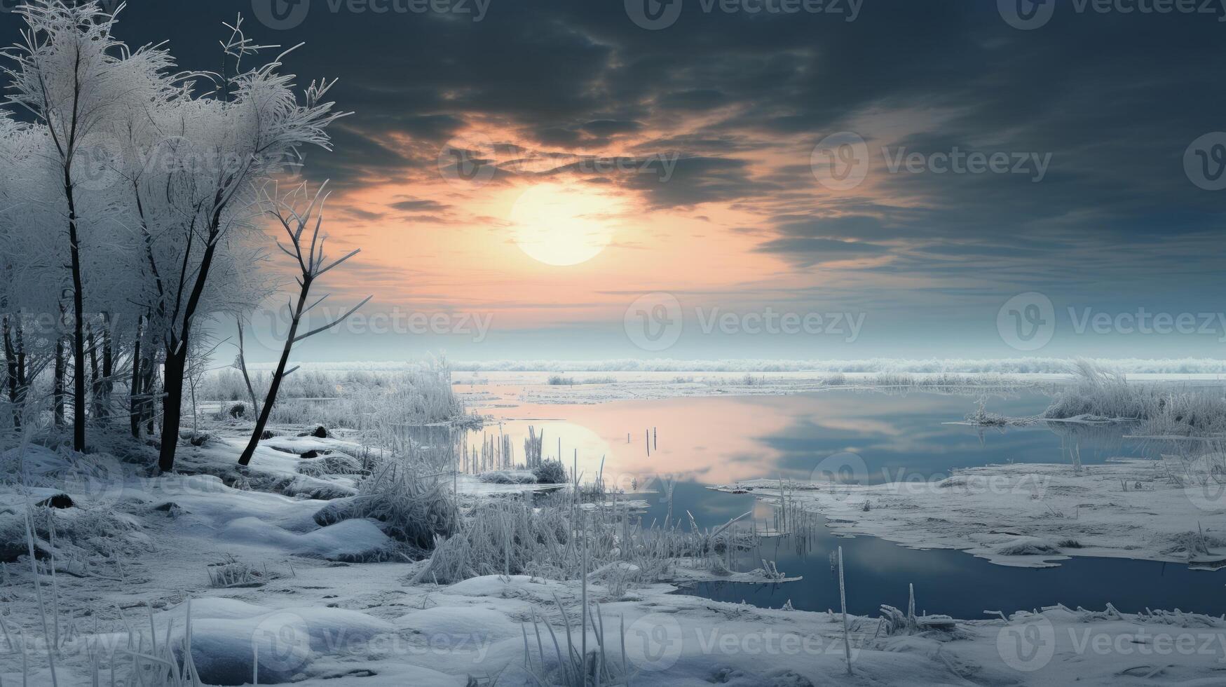 AI generated Winter Wonderland, Snowy Forest Beside a Frozen Lake photo