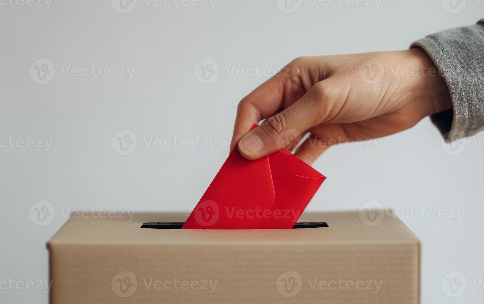 A close view of a hand in a red knit placing a red envelope into a voting box photo