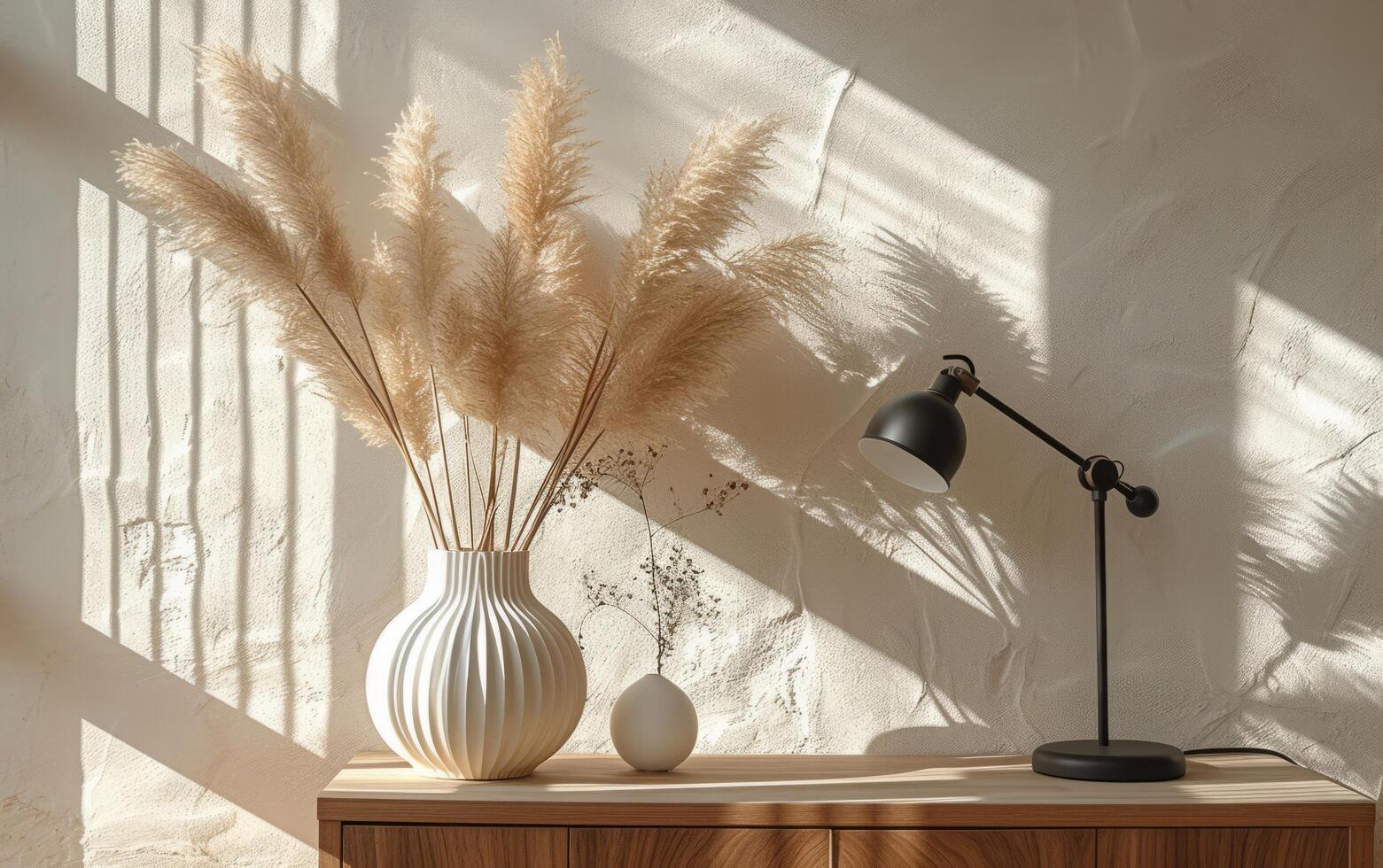 AI generated Wooden Sideboard Decorated with Stylish Lamp and Sunlit Pampas Grass photo