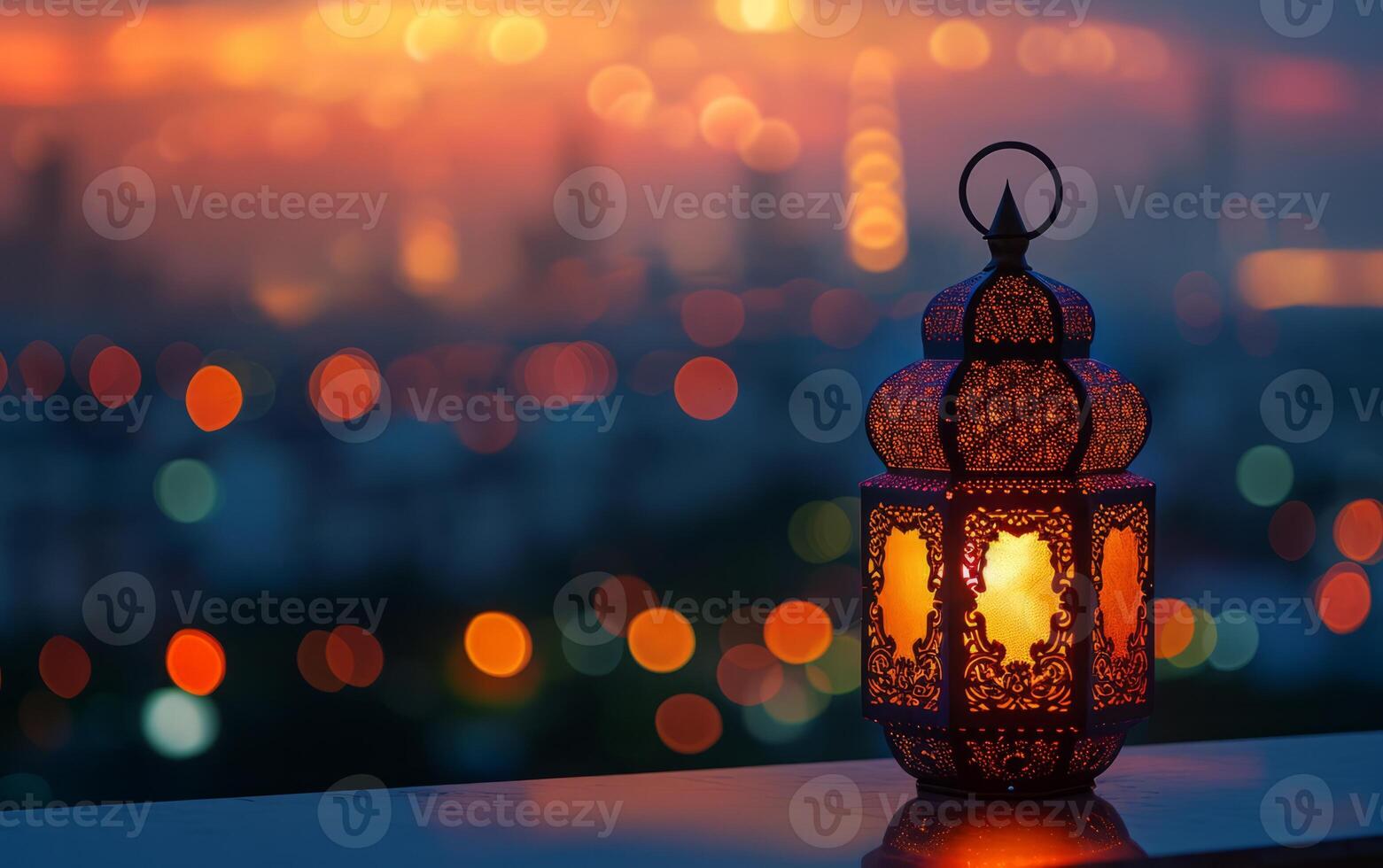 AI generated Lanterns shimmering against the backdrop of city lights. photo