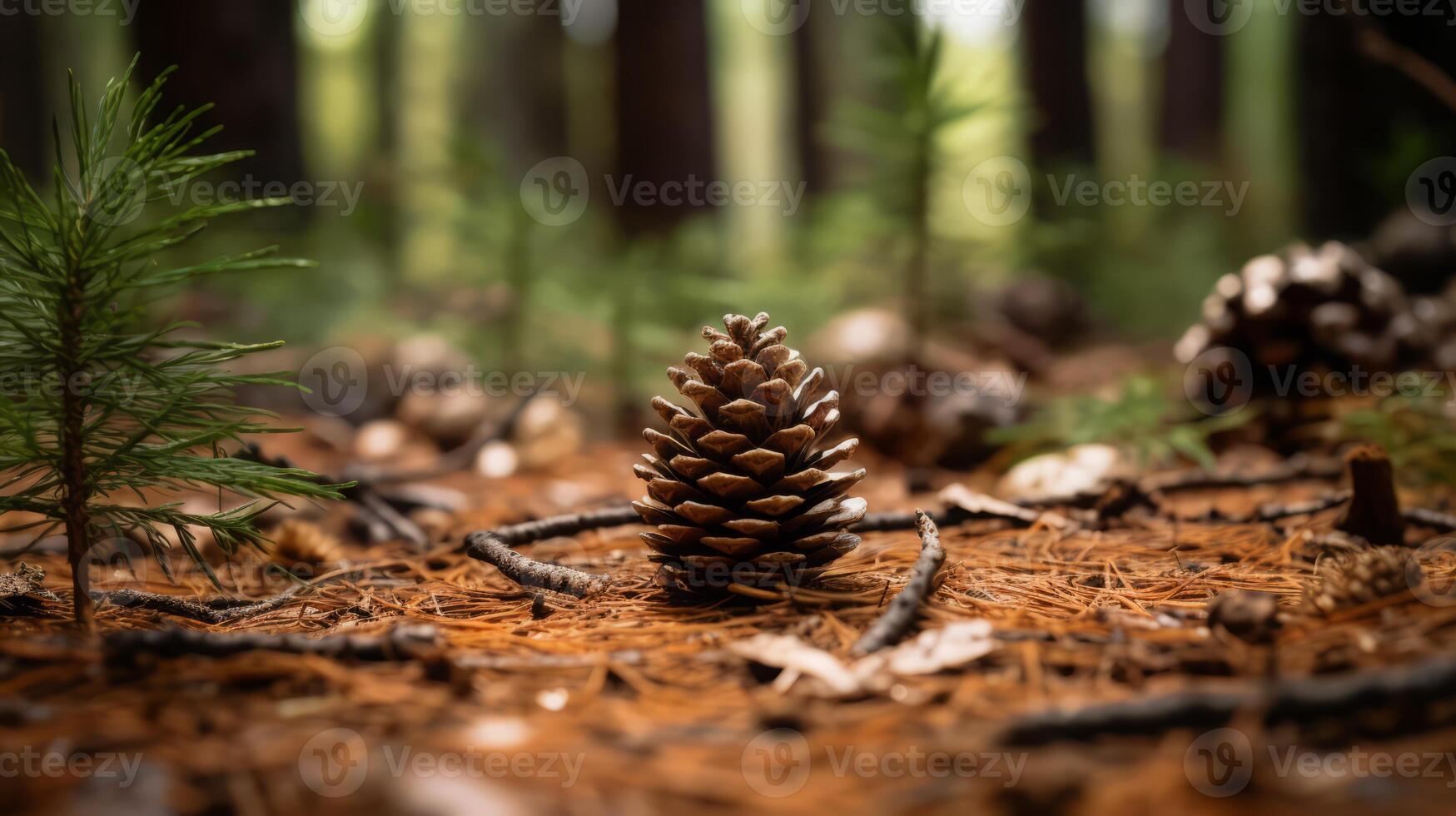 ai generado pino cono en medio de bosque piso en luz de sol foto