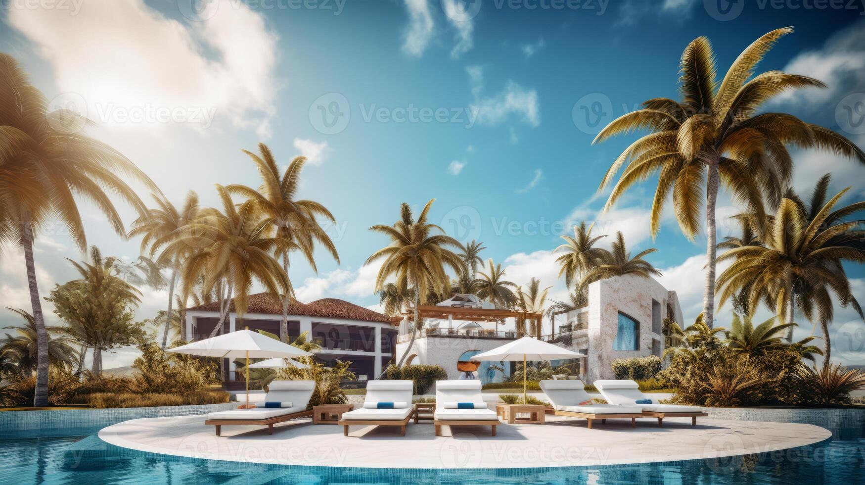 AI generated Beachside Resort Pool with Sun Loungers and Umbrellas photo