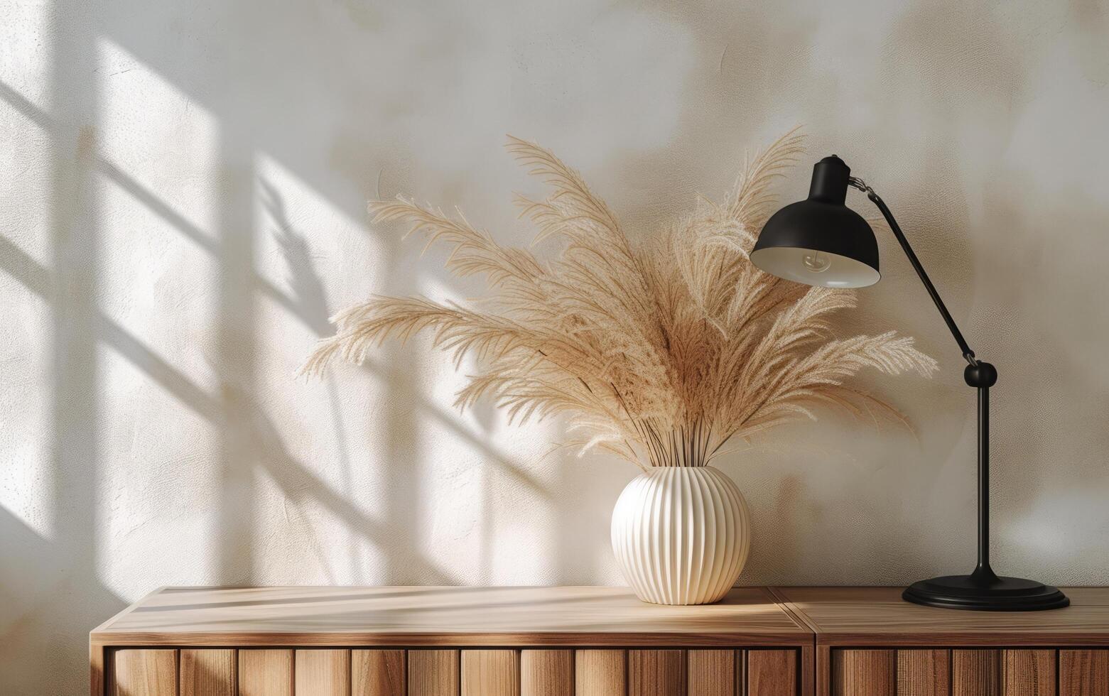 AI generated Stylish Lamp and Sun-Kissed Pampas Grass on a Wooden Sideboard photo