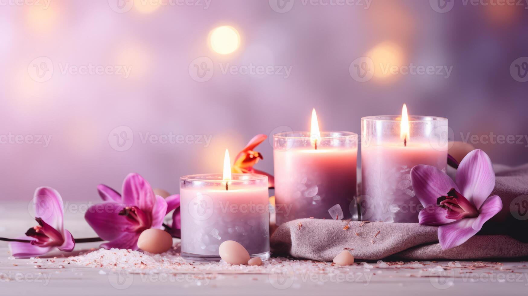 ai generado relajante spa ambiente con velas y flores foto
