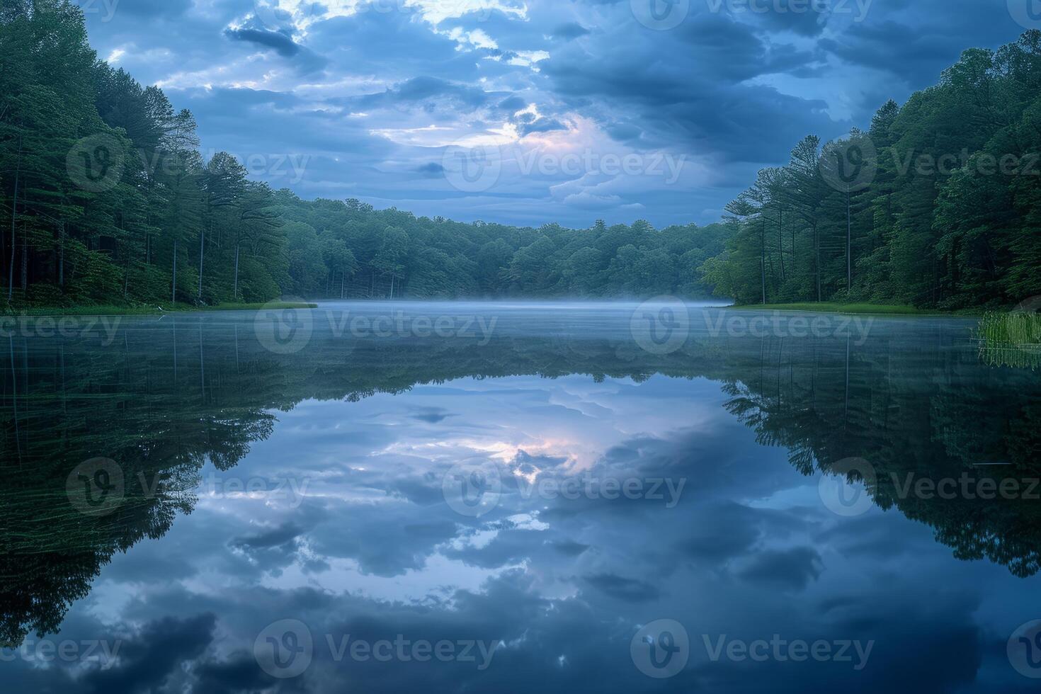 ai generado sereno lago con nublado cielo foto