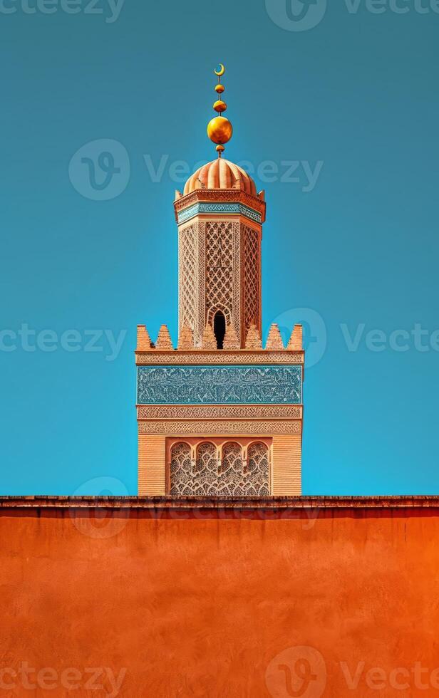 AI generated The fine details of a minaret tower pop against the backdrop of a clear blue sky photo