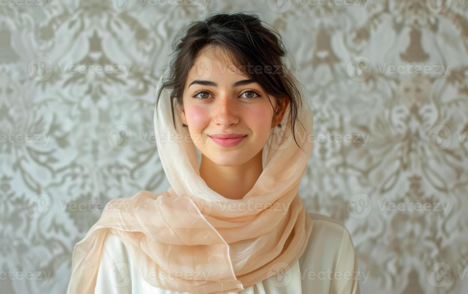 AI generated An artwork featuring a woman with a smile, complemented by a scarf in a light peach color photo
