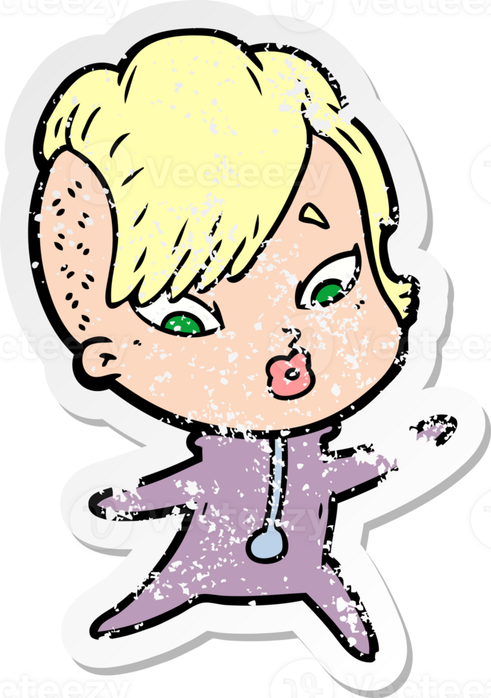 distressed sticker of a cartoon surprised girl in science fiction clothes png
