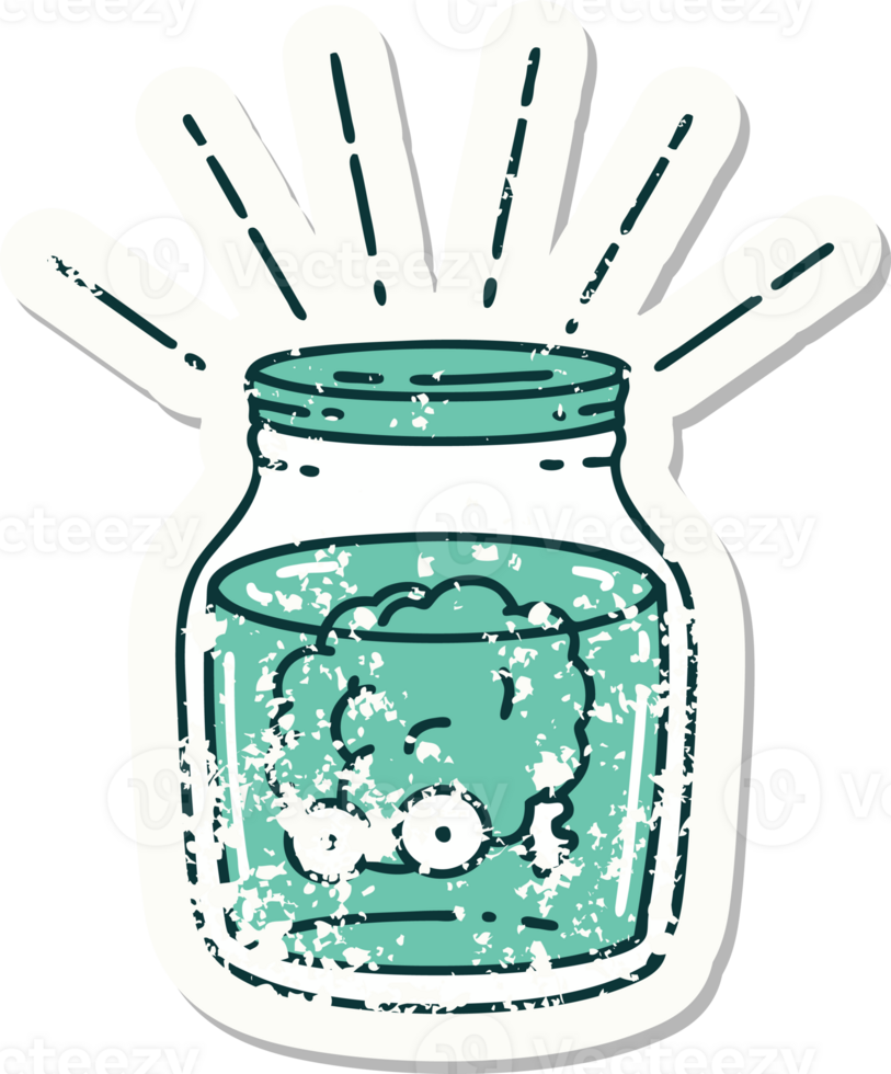 worn old sticker of a tattoo style brain in jar png