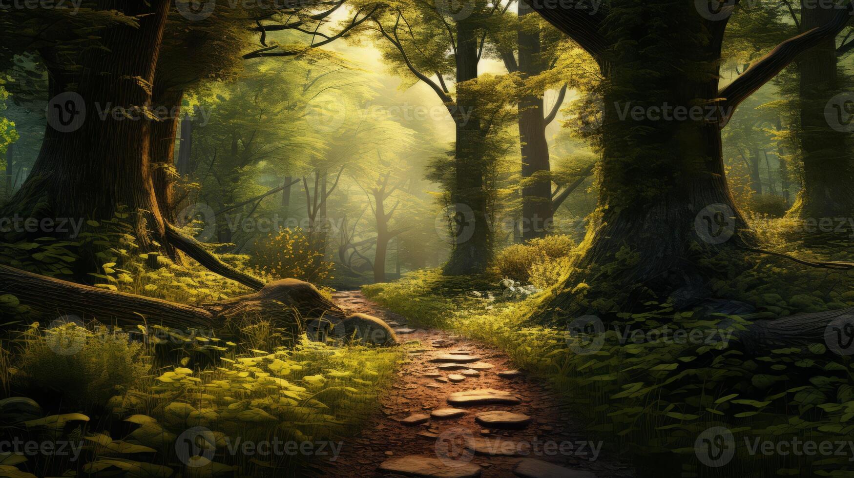 AI generated Sunlit Pathway Through Dense, Green Forest photo