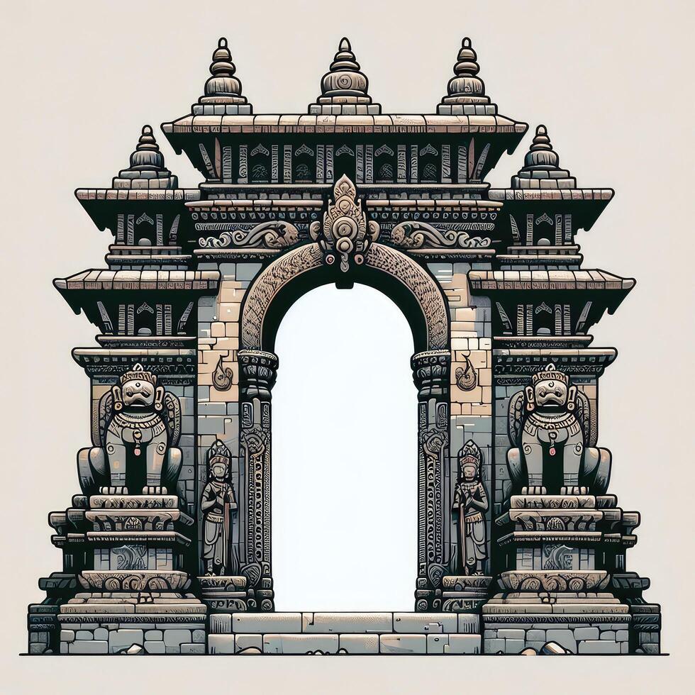 AI generated A close-up depiction of a weathered stone entrance gate to a Nepali temple, adorned with intricate carvings and guardian statues. photo