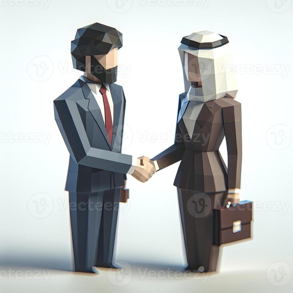 AI generated 3D illustration of business handshake. Cute cartoon smiling man with laptop and bearded businessman with briefcase standing and shaking hands. Successful agreement, deal concept. photo