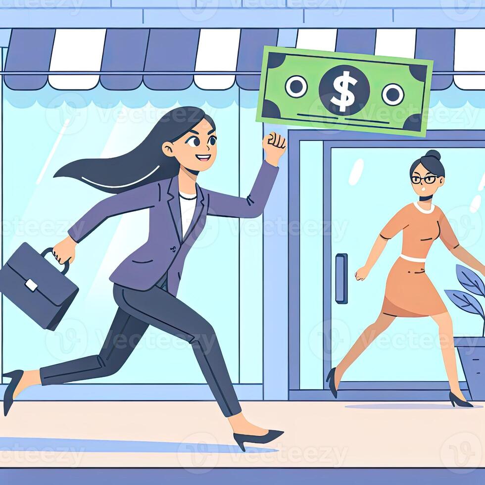 AI generated Man running after flying dollars with. Cartoon businessman running after flying money bills. photo