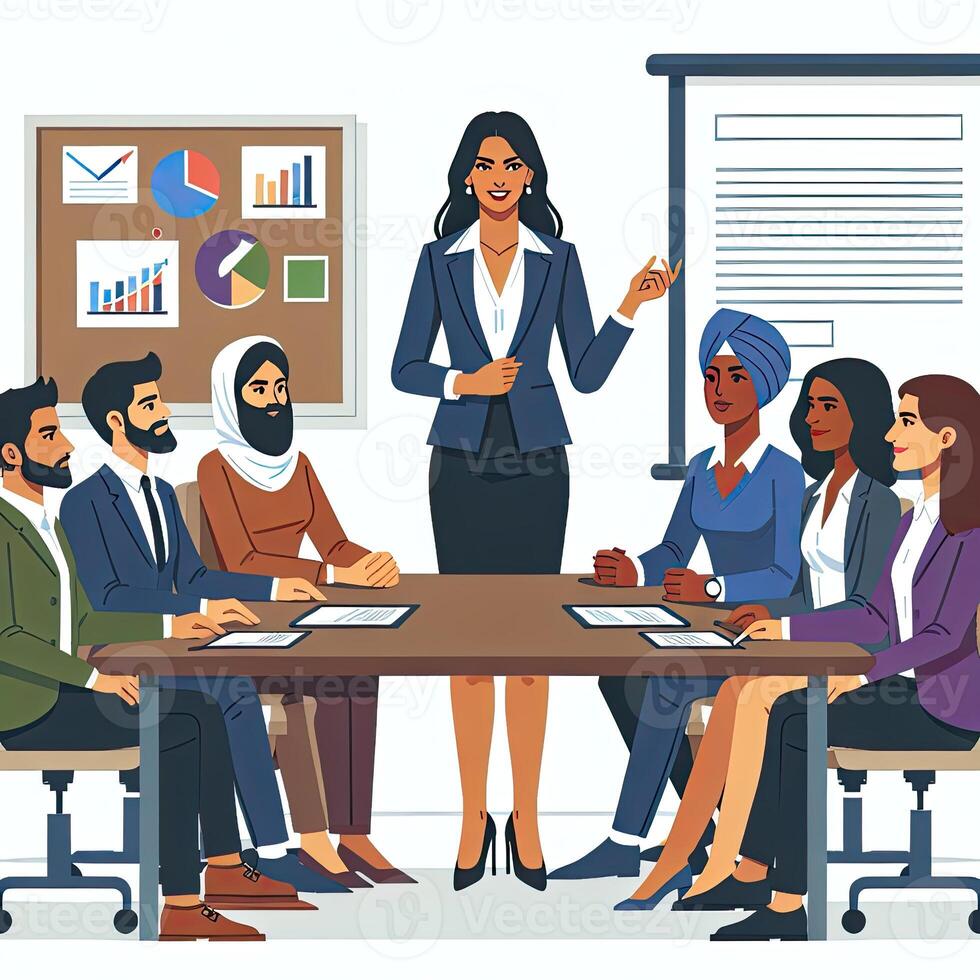 AI generated Business presentation meeting flat illustration. Woman entrepreneurs lead the meeting and discuss infographics on screen photo