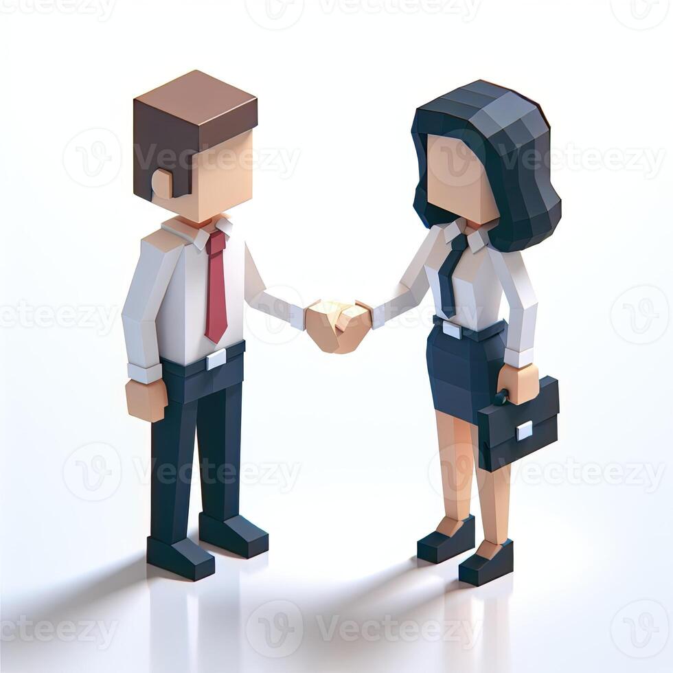 AI generated 3D illustration of business handshake. Cute cartoon smiling man with laptop and bearded businessman with briefcase standing and shaking hands. Successful agreement, deal concept. photo