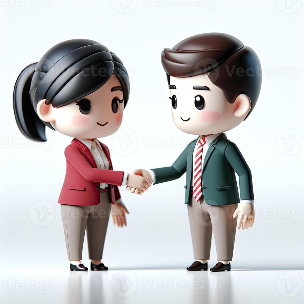 AI generated 3D illustration of business handshake. Cute cartoon smiling man with laptop and bearded businessman with briefcase standing and shaking hands. Successful agreement, deal concept. photo