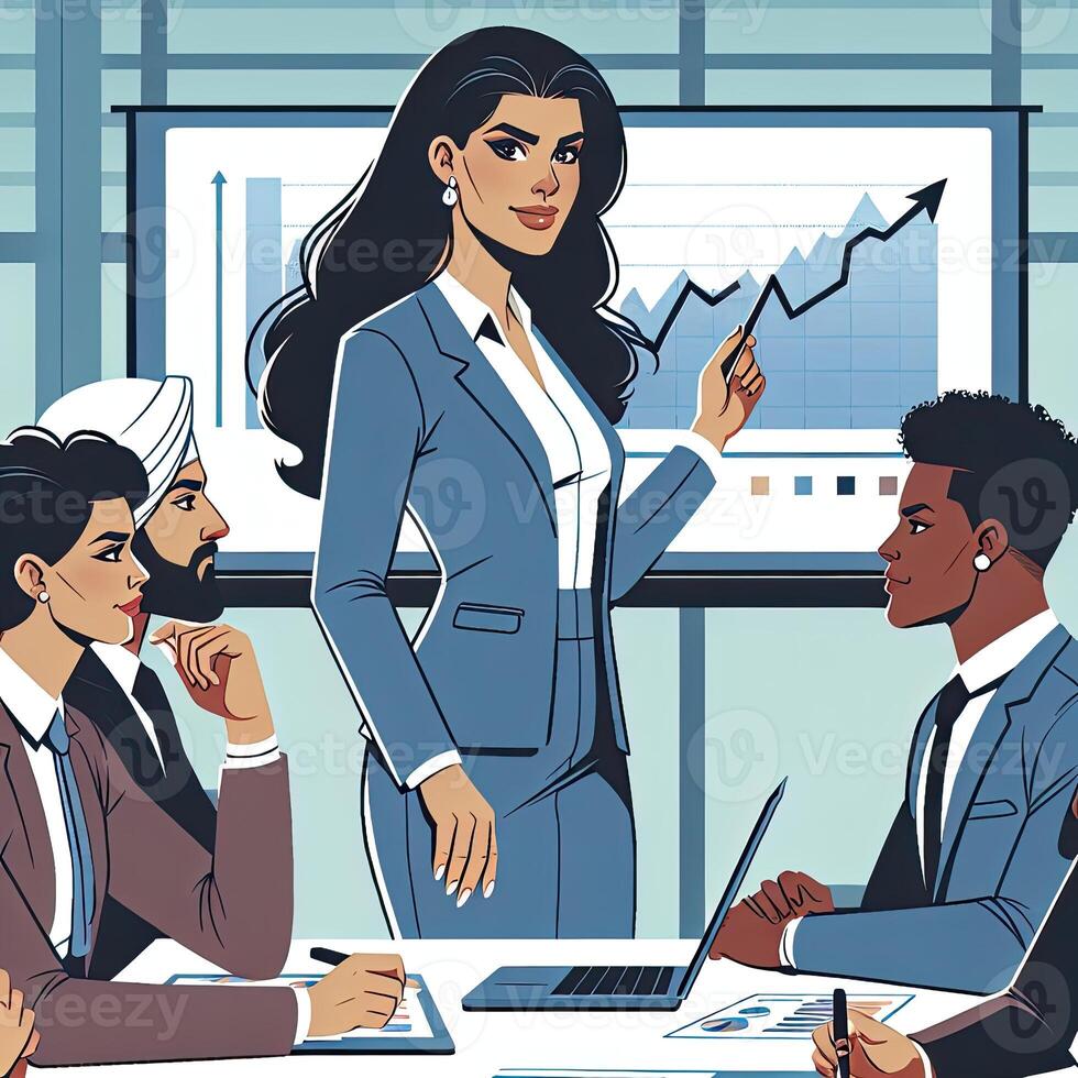 AI generated Business presentation meeting flat illustration. Woman entrepreneurs lead the meeting and discuss infographics on screen photo