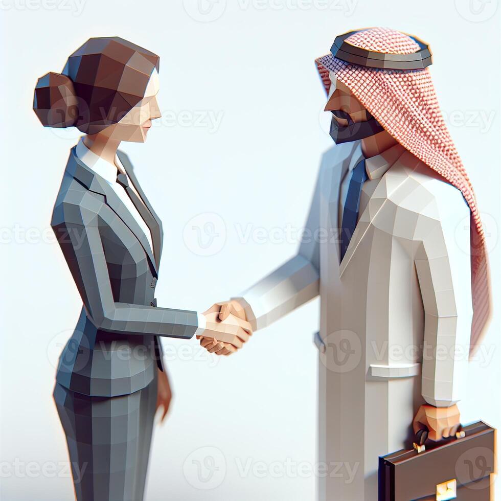 AI generated 3D illustration of business handshake. Cute cartoon smiling man with laptop and bearded businessman with briefcase standing and shaking hands. Successful agreement, deal concept. photo