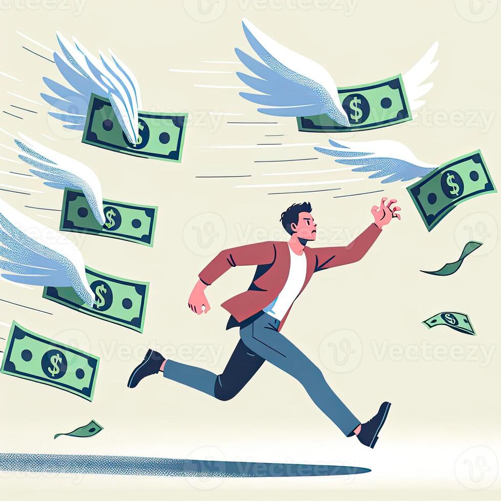 AI generated Man running after flying dollars with. Cartoon businessman running after flying money bills. photo