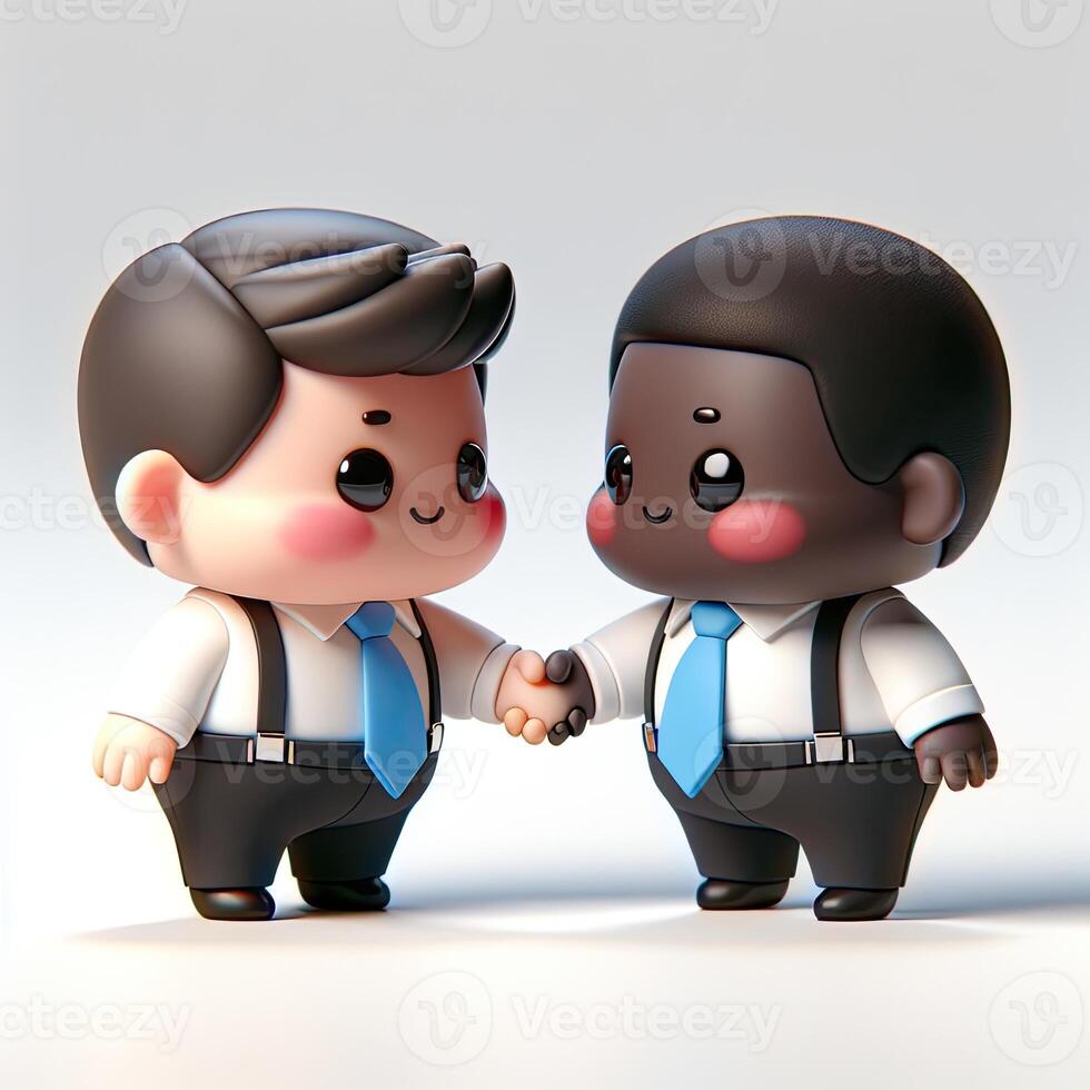 AI generated 3D illustration of business handshake. Cute cartoon smiling man with laptop and bearded businessman with briefcase standing and shaking hands. Successful agreement, deal concept. photo