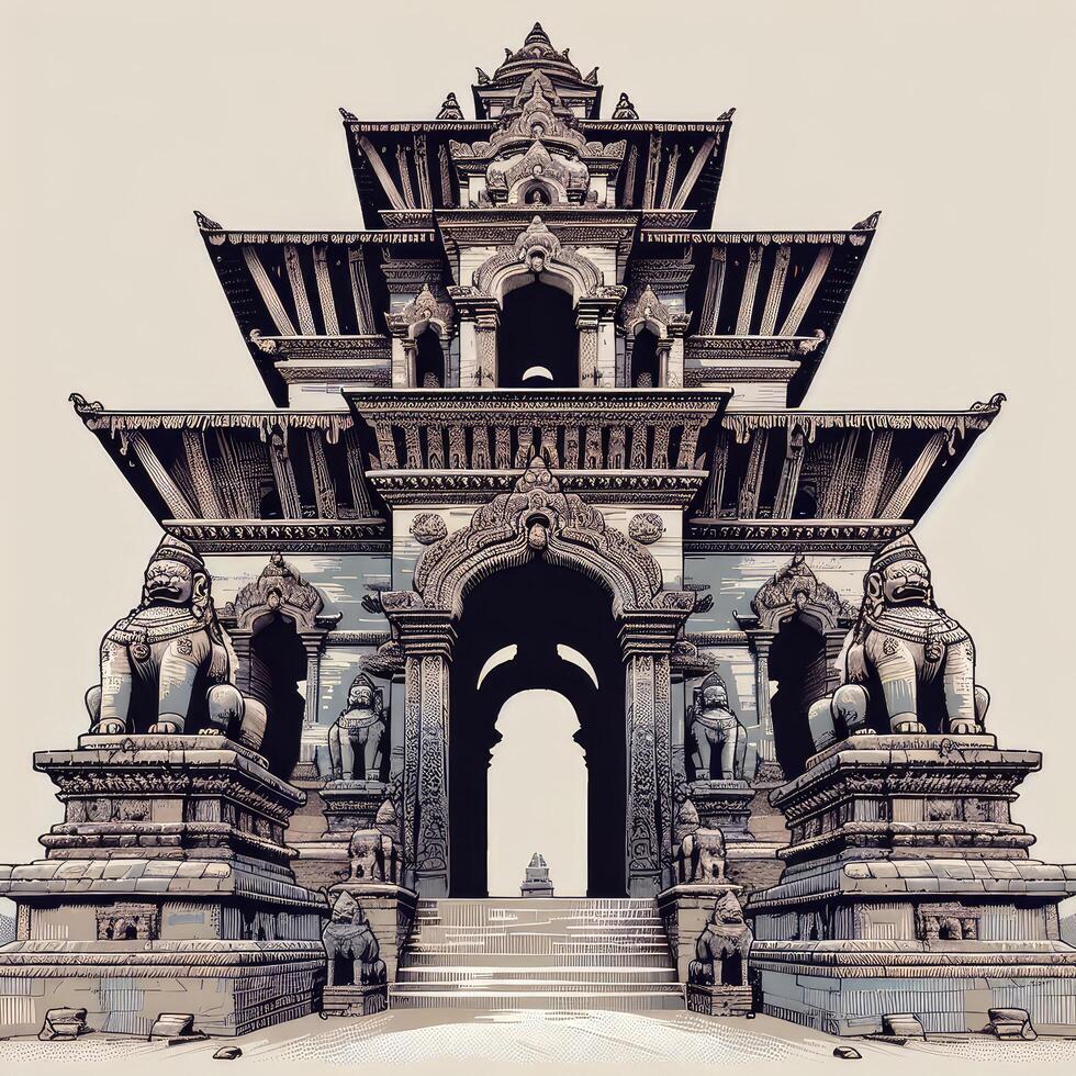 ai generado un de cerca representación de un resistido Roca Entrada portón a un nepalí templo, adornado con intrincado tallas y guardián estatuas foto