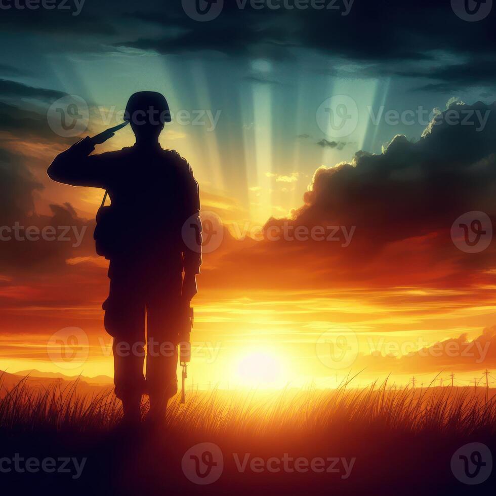 AI generated USA army soldier with nation flag. Silhouettes of soldiers with USA flag against the backdrop of a sunset. Greeting card for Veterans Day, Memorial Day,Patriotism, protection, honor. photo