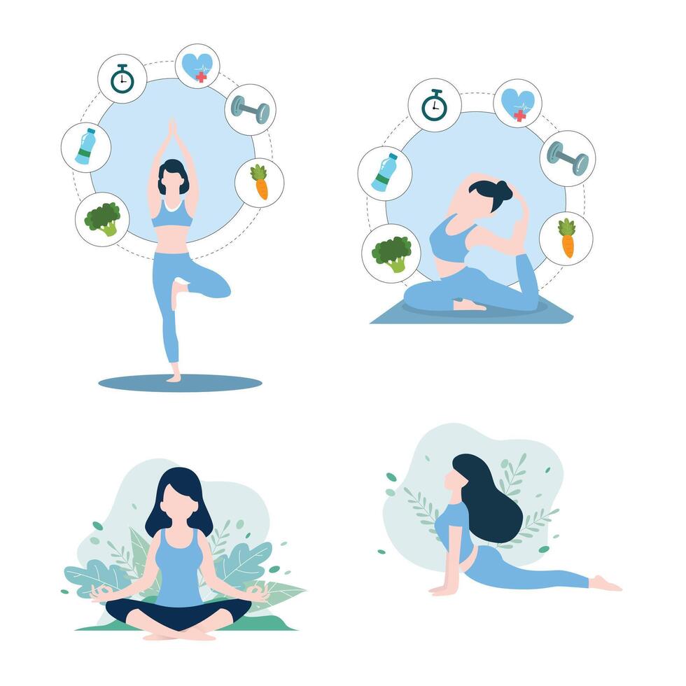 colección salud cuidado yoga aptitud meditar comodidad plano diseño vector