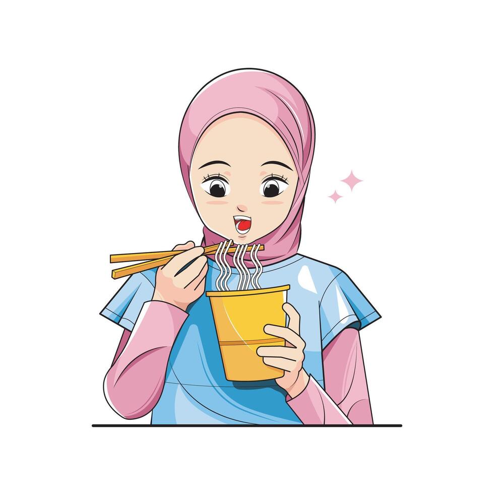Eat noodles. Little girl in hijab eating noodles from a cup using chopsticks. Vector illustration