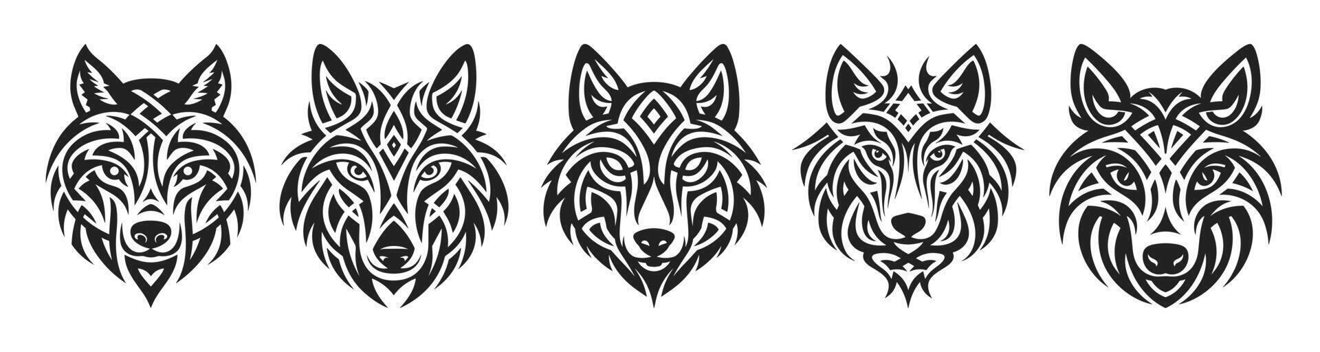 Tribal tattoo of the wolf head in Celtic and Nordic ornament flat style design vector illustration set.