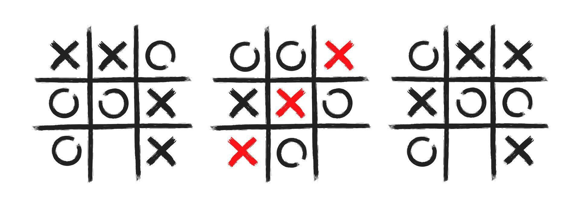 Tic tac toe xo game hand drawn grid doodle template vector illustration set isolated on white background