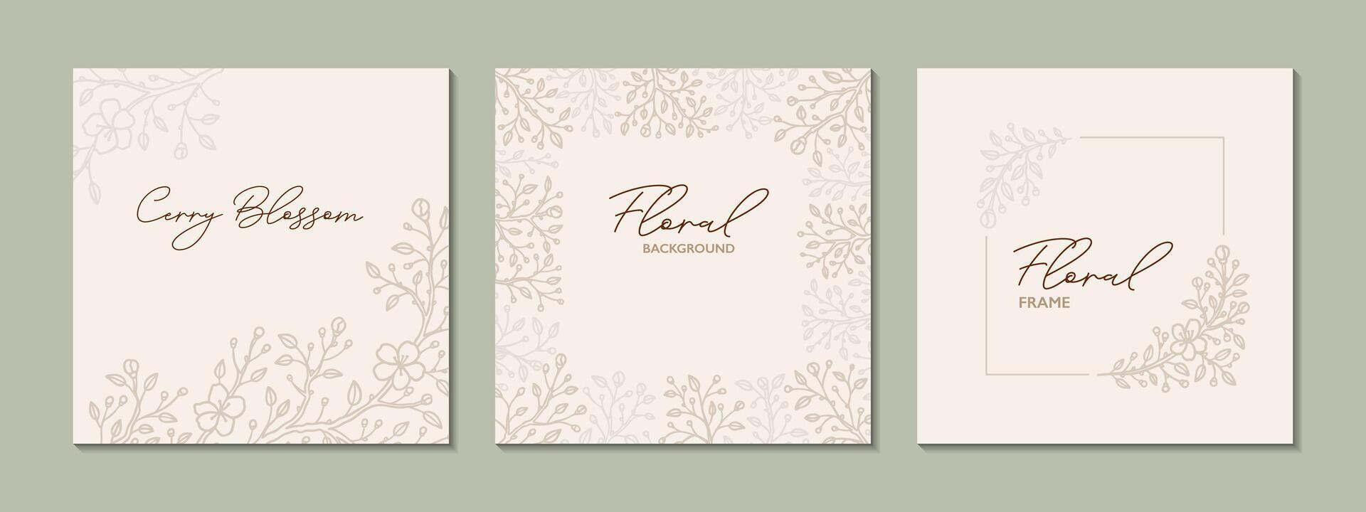 Floral social media post template set. Sakura blossom golden background in pastel colors. Flower elegant modern design. Greeting card, wedding invitation, corporate certificate, beauty spa salon vector